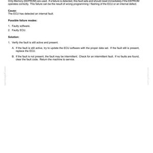 May include: A white document with black text detailing fault codes for electrical systems. The document includes context, cause, possible failure modes, and solutions for a 3361-ECM EEPROM General Error.