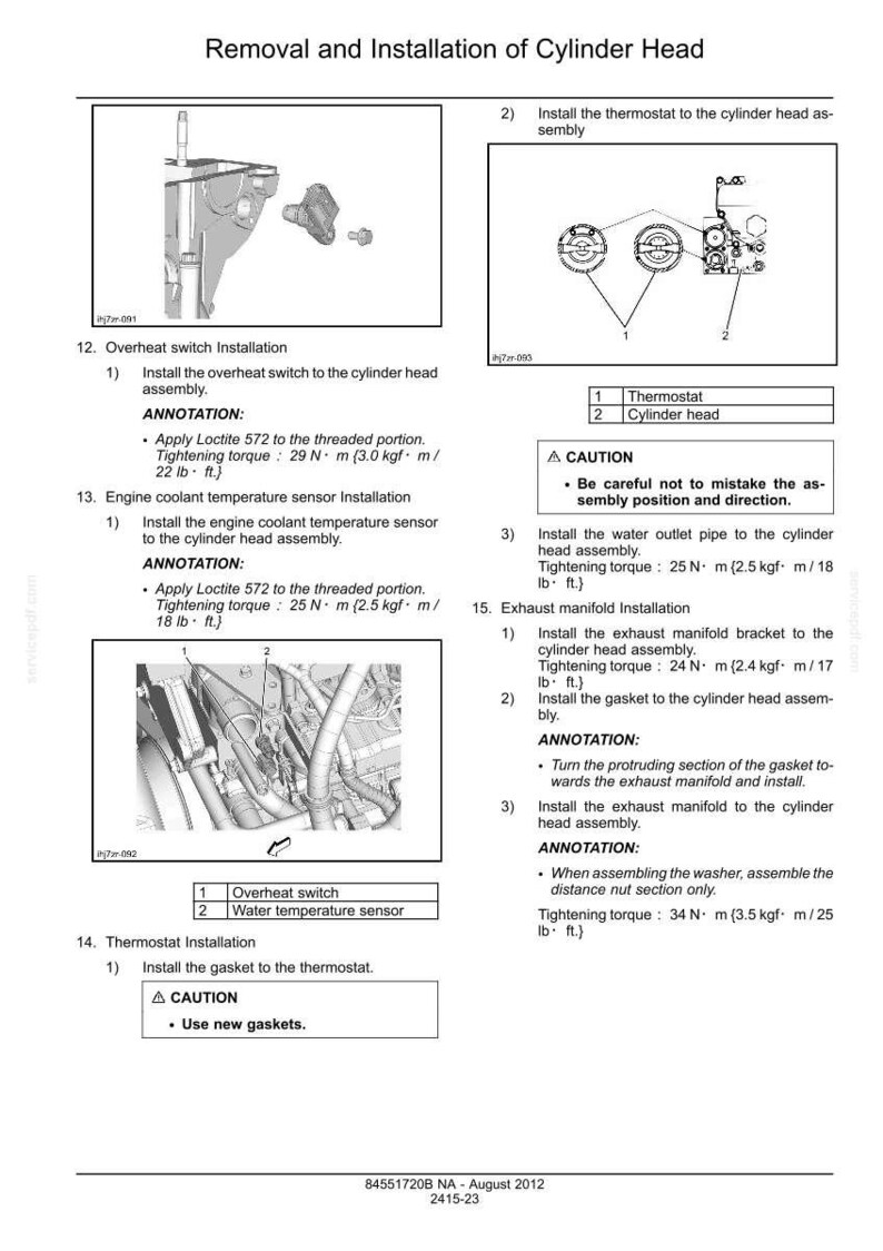 Puede incluir: Diagrama de extracci&oacute;n e instalaci&oacute;n de la culata. Incluye instrucciones para instalar el termostato, el interruptor de sobrecalentamiento y el sensor de temperatura del refrigerante. Especificaciones de par de apriete en Nm.