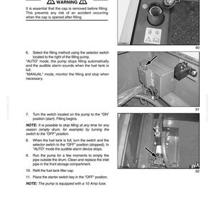 May include: Image from a manual showing fuel tank filling instructions. Includes diagrams of components, a warning symbol, and numbered steps. Text details the process, including removing the cap, selecting the filling method, and turning switches.