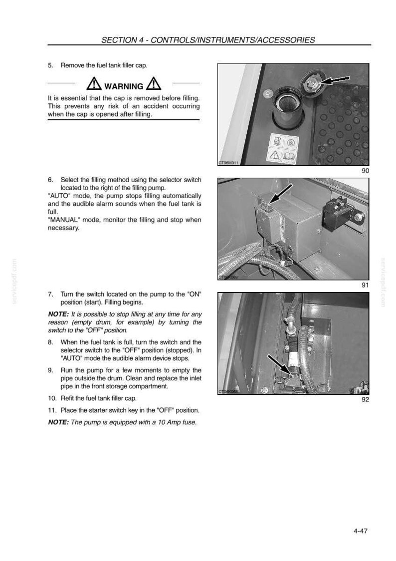 May include: Image from a manual showing fuel tank filling instructions. Includes diagrams of components, a warning symbol, and numbered steps. Text details the process, including removing the cap, selecting the filling method, and turning switches.