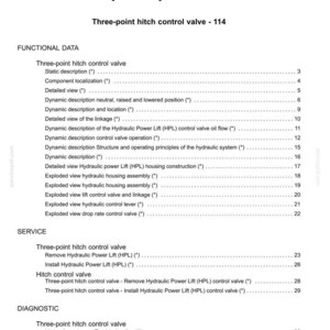 May include: A white page with the title "Contents" and a table of contents for hydraulic systems. The document lists various topics related to the three-point hitch control valve, including functional data, service, and diagnostic information.