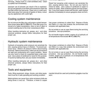 May include: A page from a manual with safety information. Sections include fuel system, cooling system, and hydraulic system maintenance, with warnings about flammable materials and potential hazards. Text includes safety precautions and instructions.