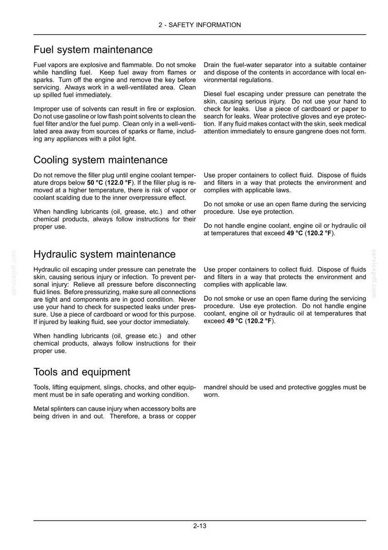 May include: A page from a manual with safety information. Sections include fuel system, cooling system, and hydraulic system maintenance, with warnings about flammable materials and potential hazards. Text includes safety precautions and instructions.