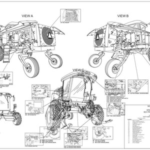 May include: Detailed technical diagram of a self-propelled windrower, showcasing multiple views (A, B, C) and component details. The diagram includes labeled parts and a parts list, providing a comprehensive view of the machinery.