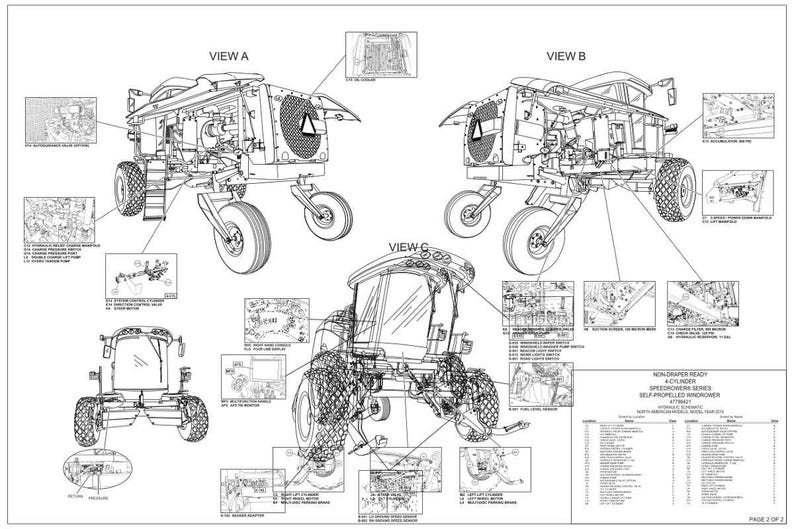 May include: Detailed technical diagram of a self-propelled windrower, showcasing multiple views (A, B, C) and component details. The diagram includes labeled parts and a parts list, providing a comprehensive view of the machinery.