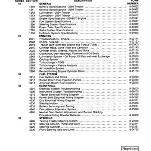 May include: A table of contents for 2394 and 2594 tractors, listing sections like General, Engines, Fuel System, Electrical, and Steering. Includes form numbers and is labeled "Reprinted."