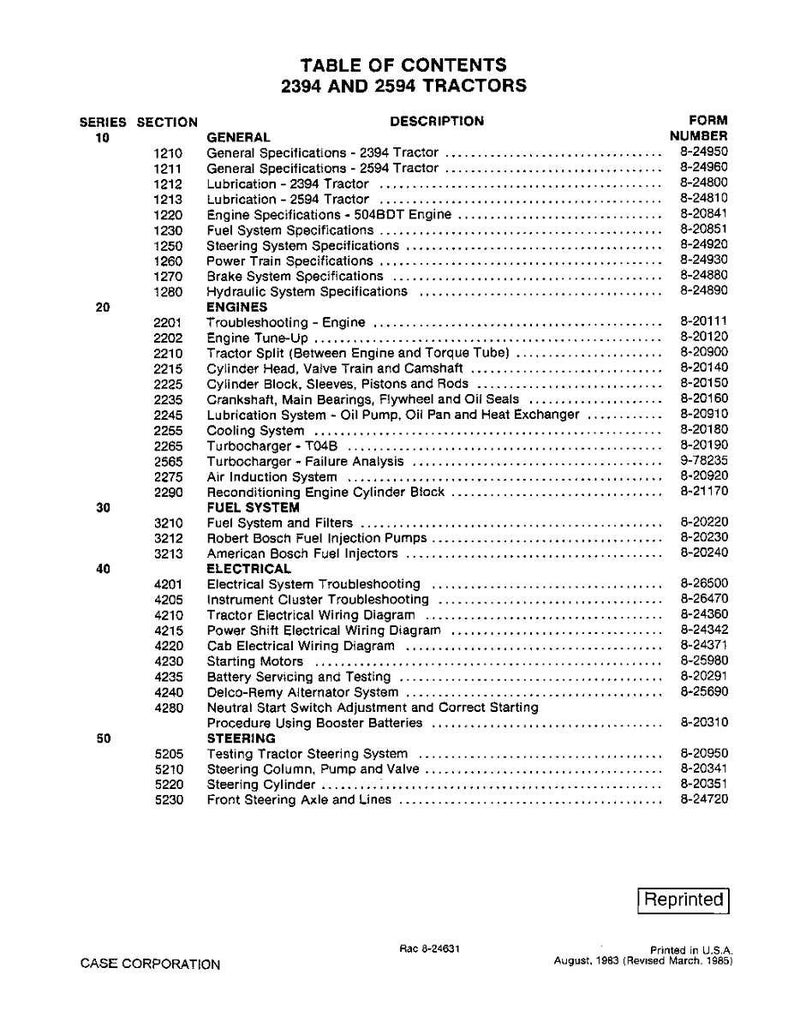 May include: A table of contents for 2394 and 2594 tractors, listing sections like General, Engines, Fuel System, Electrical, and Steering. Includes form numbers and is labeled "Reprinted."