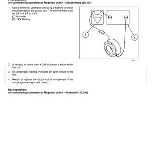 May include: Diagram of an air-conditioning compressor magnetic clutch electrical test. The image includes an ammeter, a 12V battery, and a clutch coil. Text provides instructions for checking amperage and identifying potential issues.