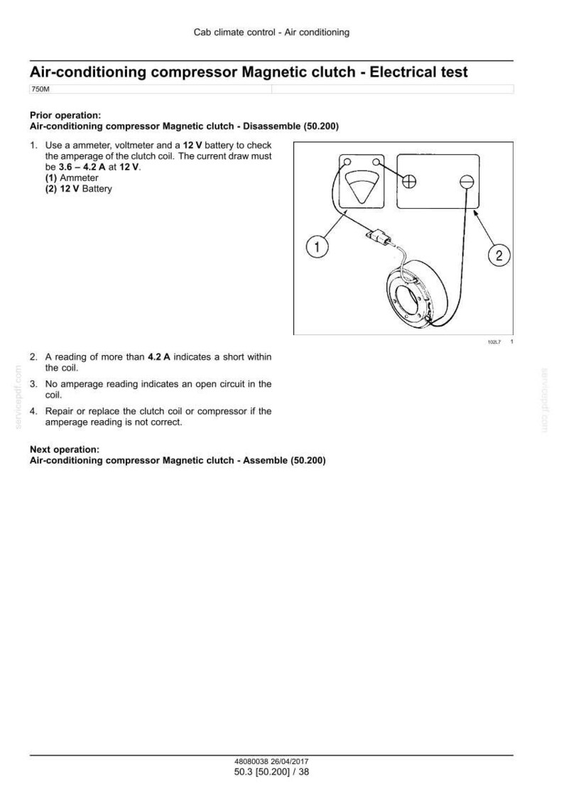 May include: Diagram of an air-conditioning compressor magnetic clutch electrical test. The image includes an ammeter, a 12V battery, and a clutch coil. Text provides instructions for checking amperage and identifying potential issues.