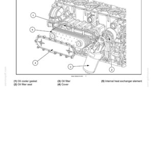May include: Diagram of an engine oil cooler and lines, labeled with key components. Includes an oil cooler gasket, oil filter seal, oil filter, cover, and internal heat exchanger element. The image is a technical illustration.