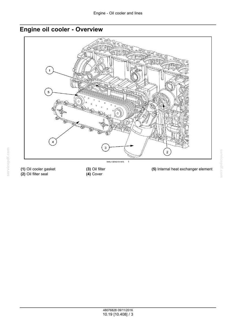 May include: Diagram of an engine oil cooler and lines, labeled with key components. Includes an oil cooler gasket, oil filter seal, oil filter, cover, and internal heat exchanger element. The image is a technical illustration.