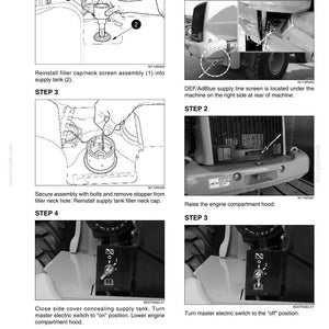 Pode incluir: Um diagrama t&eacute;cnico com instru&ccedil;&otilde;es passo a passo para a manuten&ccedil;&atilde;o de m&aacute;quinas. A imagem mostra ilustra&ccedil;&otilde;es detalhadas de componentes mec&acirc;nicos, incluindo uma tela de linha de suprimento, compartimento do motor e interruptores el&eacute;tricos. As instru&ccedil;&otilde;es de texto acompanham cada etapa.