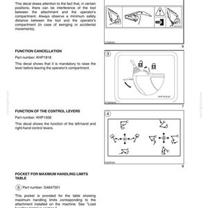 May include: A page from a manual with safety decals and hand signals. The image includes diagrams illustrating tool interference, function cancellation, control lever functions, and maximum handling limits. Text includes part numbers.