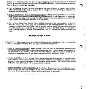 May include: A detailed technical diagram from a manual, illustrating oil flow in a pump system at high and idle speeds. The text describes the function of various components like the steering system, relief valve, and flow control spool.