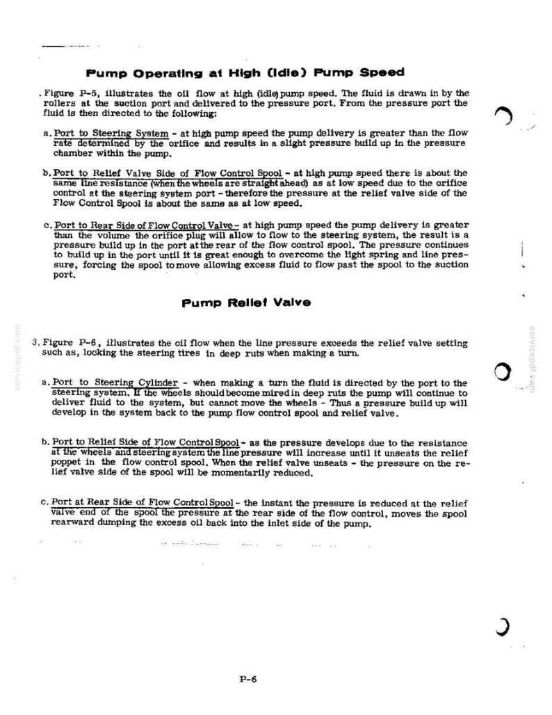 May include: A detailed technical diagram from a manual, illustrating oil flow in a pump system at high and idle speeds. The text describes the function of various components like the steering system, relief valve, and flow control spool.