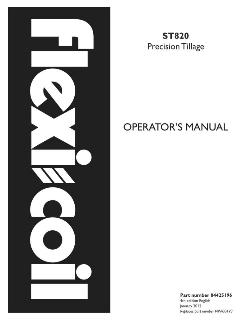 May include: A white and black Operator's Manual for ST820 Precision Tillage. The Flexi-coil logo is on the left side. The manual includes the part number 84425196 and the date January 2012.