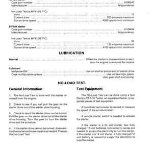 May include: A detailed specification sheet for automotive starters, including 12 and 24-volt models. The document provides technical data such as voltage, current draw, and starter drive speed, along with lubrication instructions and no-load test procedures.