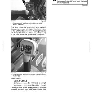 May include: A page from an operating manual titled CHAPTER 4 - OPERATING INSTRUCTIONS, featuring two black and white photographs of skid steer control levers labeled 1 and 2, with text detailing transmission speed buttons and travel speed specifications.