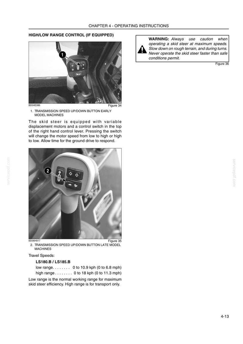May include: A page from an operating manual titled CHAPTER 4 - OPERATING INSTRUCTIONS, featuring two black and white photographs of skid steer control levers labeled 1 and 2, with text detailing transmission speed buttons and travel speed specifications.
