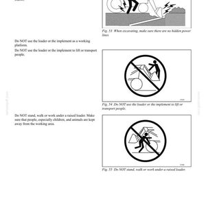 May include: Page from a manual with safety instructions. Includes illustrations and warnings about electrical shock, using the loader as a working platform, and standing under a raised loader. Text includes "Do NOT" statements.