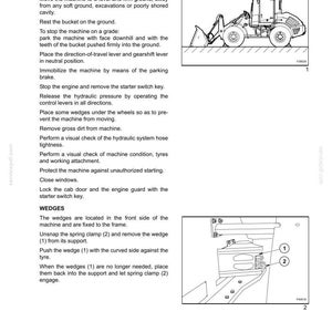 May include: Diagram of a construction machine with instructions for parking and maintenance. Text includes steps for safe operation, including checking the hydraulic system and securing the machine with wedges. The image also shows a close-up of the wedge placement.