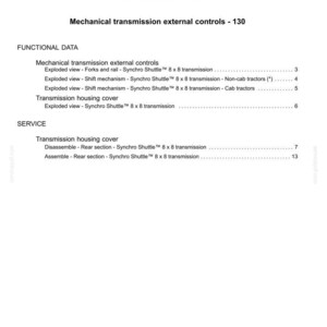 May include: A white page with the title "Contents" and the heading "Transmission - 21". The document lists functional data and service information for mechanical transmission external controls and transmission housing cover.