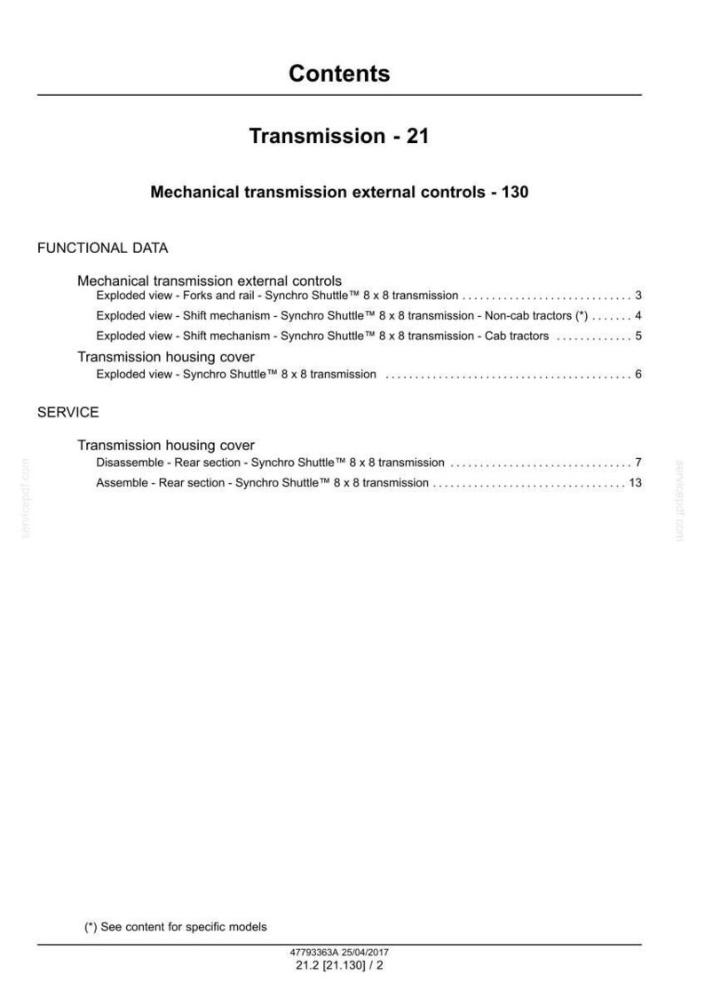 May include: A white page with the title "Contents" and the heading "Transmission - 21". The document lists functional data and service information for mechanical transmission external controls and transmission housing cover.