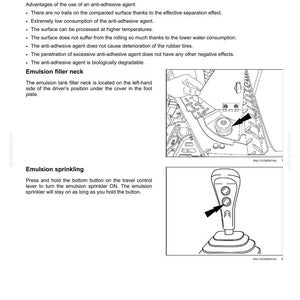May include: Diagram of a machine's internal components, including the emulsion filler neck and travel control lever. The text explains the function of the emulsion sprinkler and its anti-adhesive agent for tires.