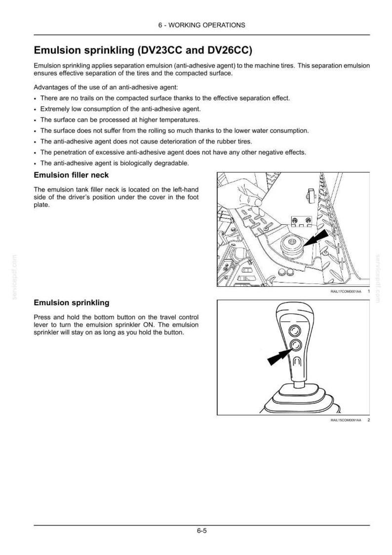 May include: Diagram of a machine's internal components, including the emulsion filler neck and travel control lever. The text explains the function of the emulsion sprinkler and its anti-adhesive agent for tires.