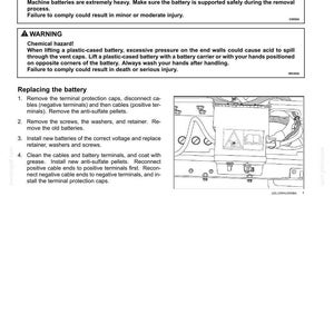 May include: A page from a maintenance manual detailing battery removal and installation. The text includes safety warnings about heavy parts and chemical hazards. An illustration shows the battery compartment and components.