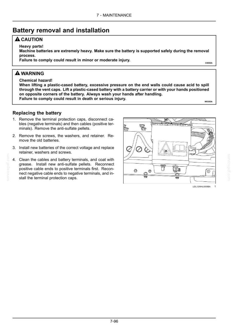 May include: A page from a maintenance manual detailing battery removal and installation. The text includes safety warnings about heavy parts and chemical hazards. An illustration shows the battery compartment and components.