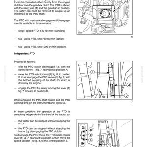 K&ouml;nnte beinhalten: Diagramme und Anweisungen f&uuml;r das Zapfwellensystem (PTO) eines Traktors. Enth&auml;lt Abbildungen von PTO-Komponenten, Steuerhebeln und W&auml;hlpositionen. Der Text erkl&auml;rt die PTO-Funktion, das Ein- und Auskuppeln.