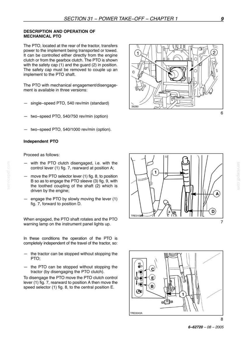 K&ouml;nnte beinhalten: Diagramme und Anweisungen f&uuml;r das Zapfwellensystem (PTO) eines Traktors. Enth&auml;lt Abbildungen von PTO-Komponenten, Steuerhebeln und W&auml;hlpositionen. Der Text erkl&auml;rt die PTO-Funktion, das Ein- und Auskuppeln.