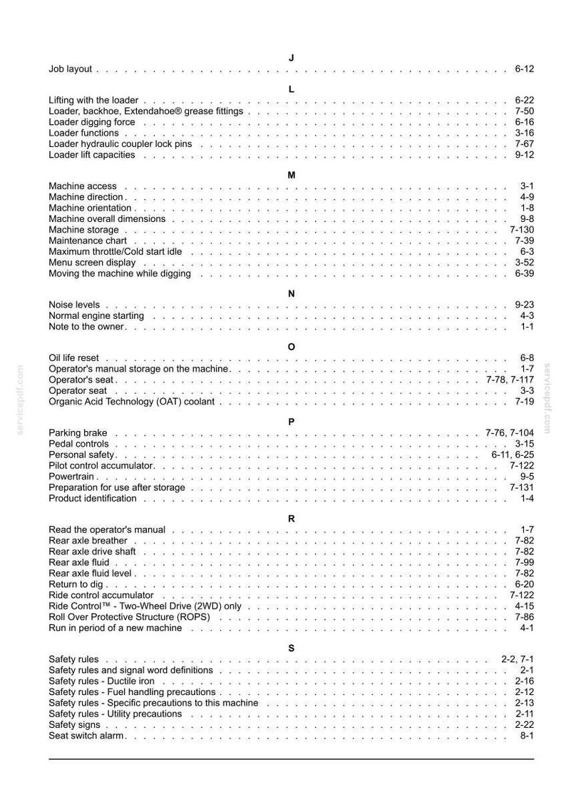 May include: A detailed page from a manual, featuring a table of contents with various operational and safety topics. The text is black on a white background, with headings like "Machine access" and "Safety rules."