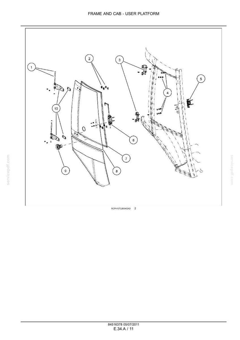 May include: Technical diagram of a frame and cab user platform, with various numbered components. The diagram is in black and white, with labels and annotations. The text "FRAME AND CAB - USER PLATFORM" is at the top.