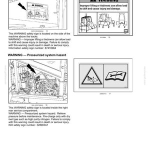 May include: A technical manual page titled 2-SAFETY INFORMATION featuring black and white diagrams of warning signs for crush hazards and pressurized systems, including illustrations of heavy machinery, lifting equipment, and maintenance icons.