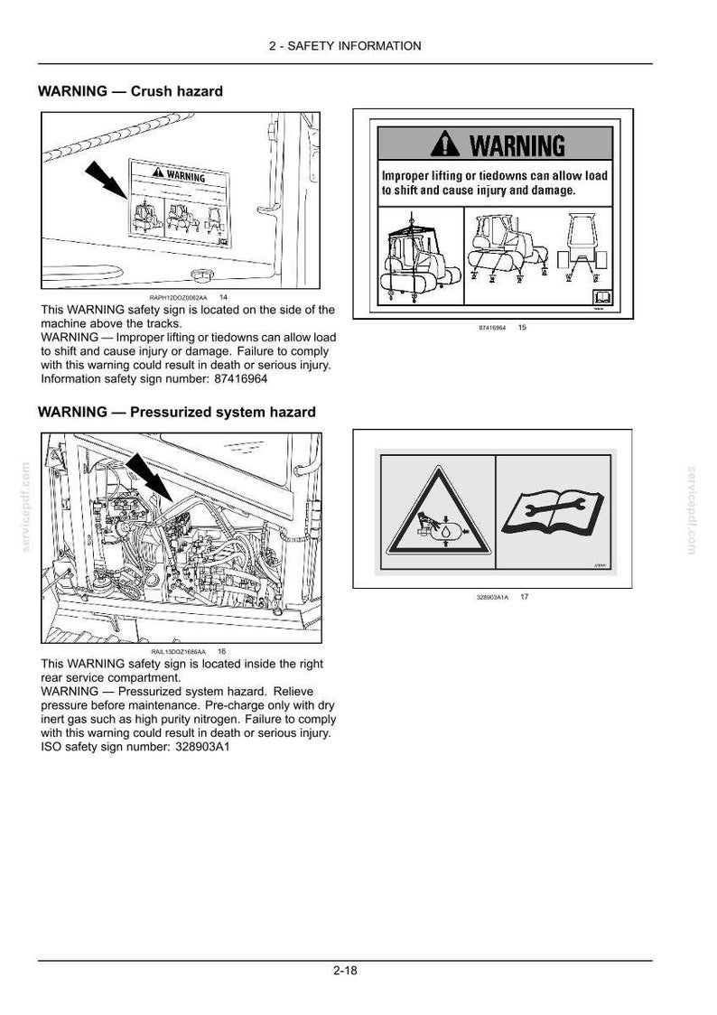 May include: A technical manual page titled 2-SAFETY INFORMATION featuring black and white diagrams of warning signs for crush hazards and pressurized systems, including illustrations of heavy machinery, lifting equipment, and maintenance icons.