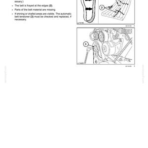 May include: Diagram illustrating drive belt maintenance. Includes a diagram of a belt with cracks and fraying, and an engine component diagram. Text indicates to check for damage and replace if necessary. The text "7 - MAINTENANCE" is at the top.