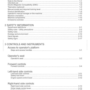 May include: A page from a manual titled "Contents" with a list of topics and page numbers. Sections include General Information, Safety Information, and Controls and Instruments. The text is black on a white background.