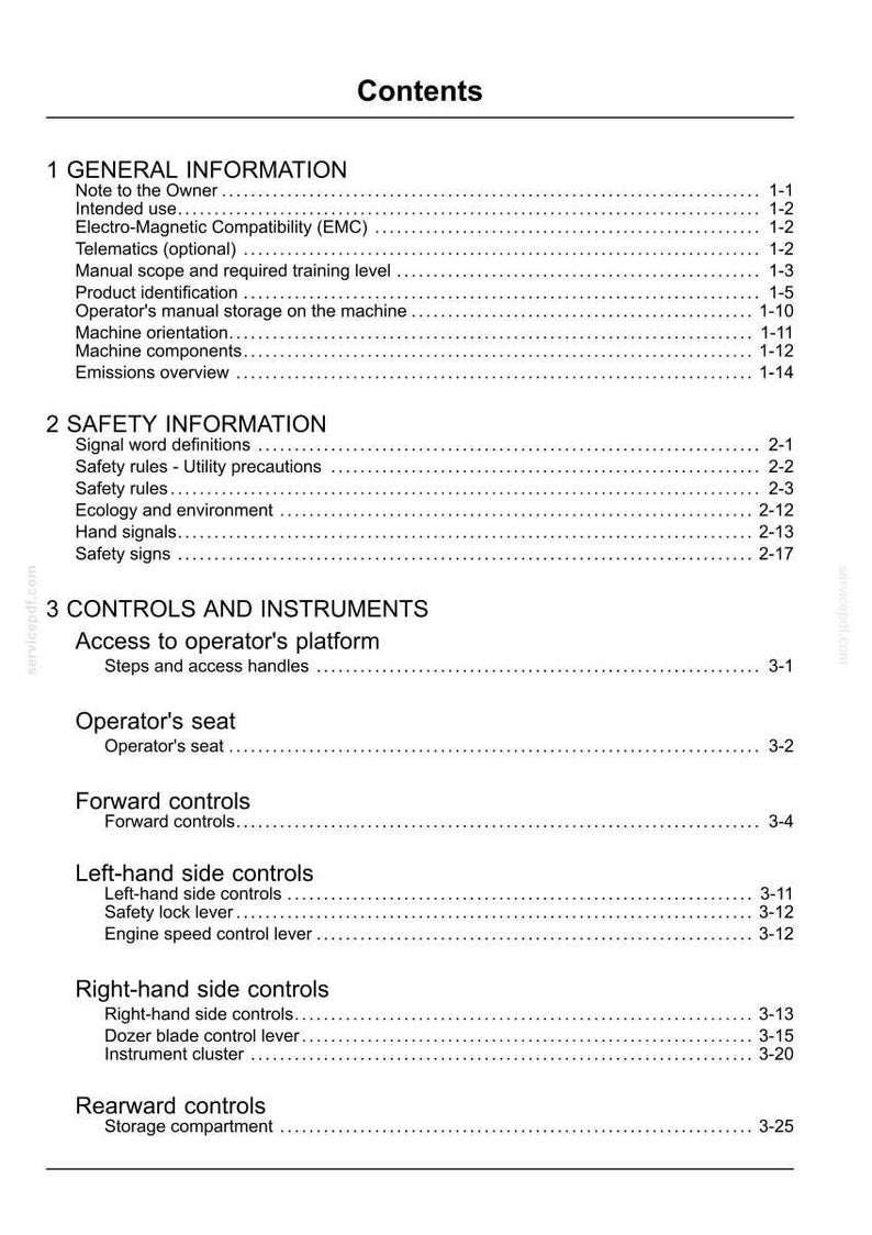 May include: A page from a manual titled "Contents" with a list of topics and page numbers. Sections include General Information, Safety Information, and Controls and Instruments. The text is black on a white background.