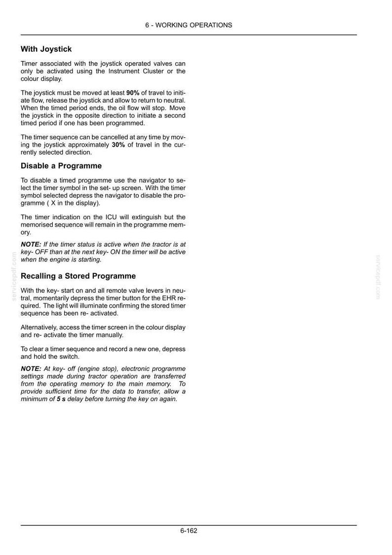 Pu&ograve; includere: Una pagina di documento tecnico intitolata 6-WORKING OPERATIONS contenente istruzioni per valvole azionate da joystick, sequenze di timer, disattivazione di programmi e richiamo di programmi memorizzati per trattori, con il numero di pagina 6-162 in basso.