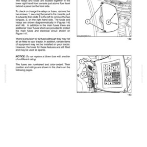 May include: A technical manual page titled SECTION 4 - LUBRICATION AND MAINTENANCE, OPERATION 45 FUSES AND RELAYS. It includes text instructions and two black and white line drawings labelled 142 and 143 showing how to access a tractor fuse panel.