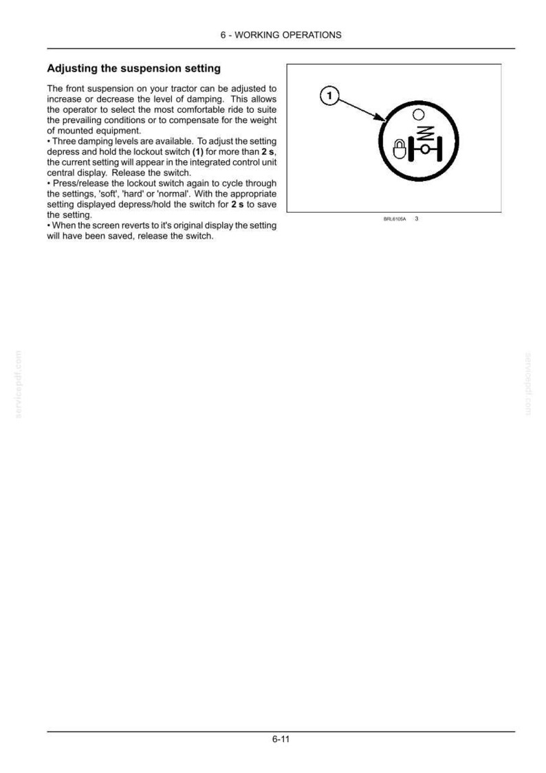 May include: A technical manual page titled 6-WORKING OPERATIONS detailing instructions for adjusting tractor front suspension. It includes a diagram of a circular lockout switch labeled 1, featuring a padlock icon and suspension symbols.