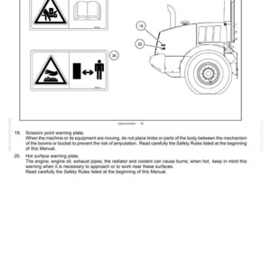 May include: Page from a manual with safety information. Includes diagrams of a machine and warning symbols. The text reads "Scissors point warning plate" and "Hot surface warning plate."
