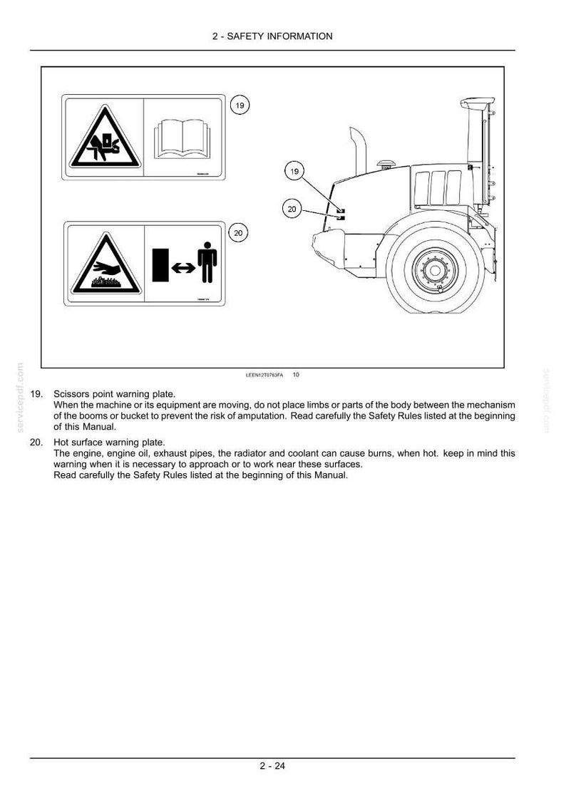 May include: Page from a manual with safety information. Includes diagrams of a machine and warning symbols. The text reads "Scissors point warning plate" and "Hot surface warning plate."