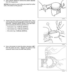 May include: Diagram of engine piston inspection steps. Includes instructions for washing, cleaning, and measuring piston components. Text includes measurements in inches and millimeters. The image is a technical illustration.