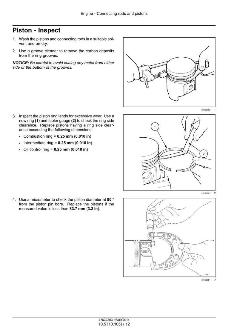 May include: Diagram of engine piston inspection steps. Includes instructions for washing, cleaning, and measuring piston components. Text includes measurements in inches and millimeters. The image is a technical illustration.