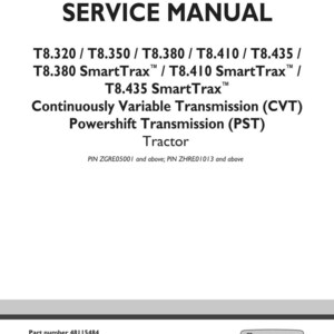 May include: A white service manual cover with black text. The title "SERVICE MANUAL" is at the top. Below, model numbers and tractor transmission details are listed. The New Holland Agriculture logo is in the bottom right corner.
