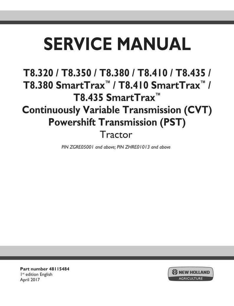 May include: A white service manual cover with black text. The title "SERVICE MANUAL" is at the top. Below, model numbers and tractor transmission details are listed. The New Holland Agriculture logo is in the bottom right corner.