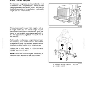 Pu&ograve; includere: Un diagramma tecnico che mostra i pesi anteriori e posteriori di un trattore. L'immagine include un disegno al tratto di un supporto per pesi, un inserto per 9 pesi e fessure, con etichette numerate 1, 2 e 3 che indicano i componenti.